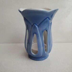 CMInc 1981 Tea Light Candle Holder Ceramic Pottery Sky Blue Tulip Shaped Vintage